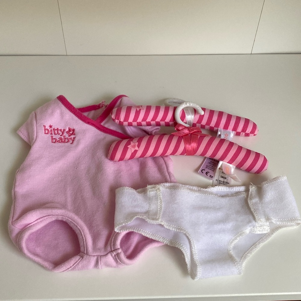 American Girl Bitty Baby Pink outfit diaper clothes hangers set lot